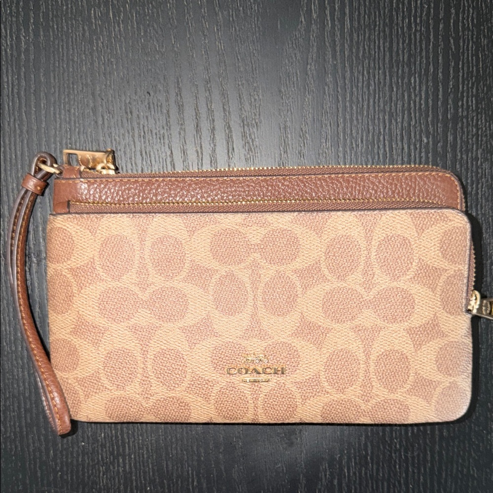 Coach Brown Signature Canvas Double Zip Wristlet